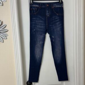 Eye Candy Dark Blue Women's Denim Print Fake Faux Jeans Leggings 1X/2X